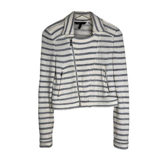 BCBGMAXAZRIA Levi Striped Asymmetrical Zip Cropped Moto Jacket FLAW White XS - Picture 4 of 10